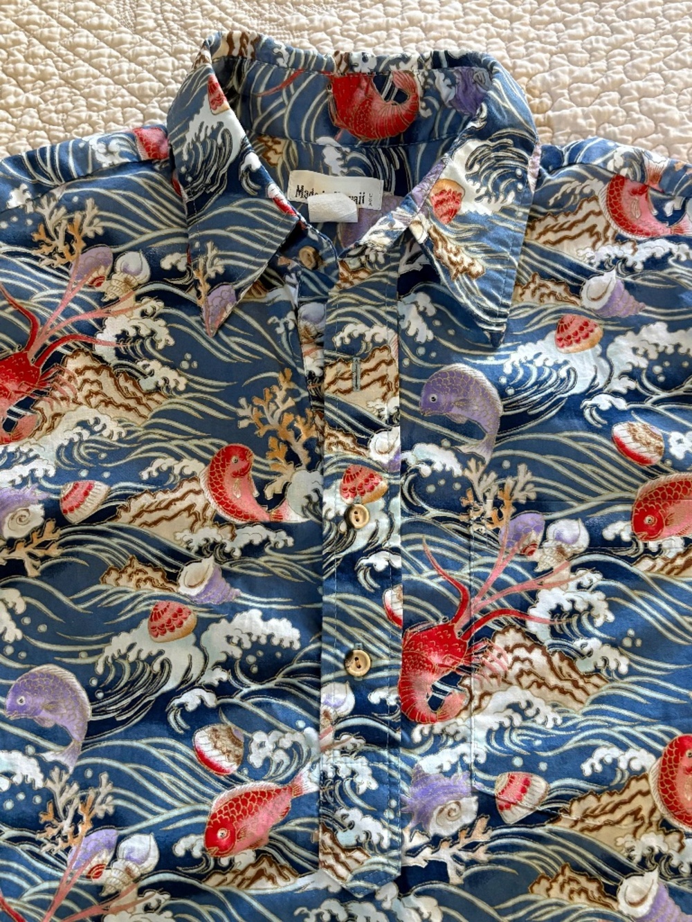 Vintage Made in Hawaii Aloha Shirt Koi Lobster Ocean Print Cotton Medium